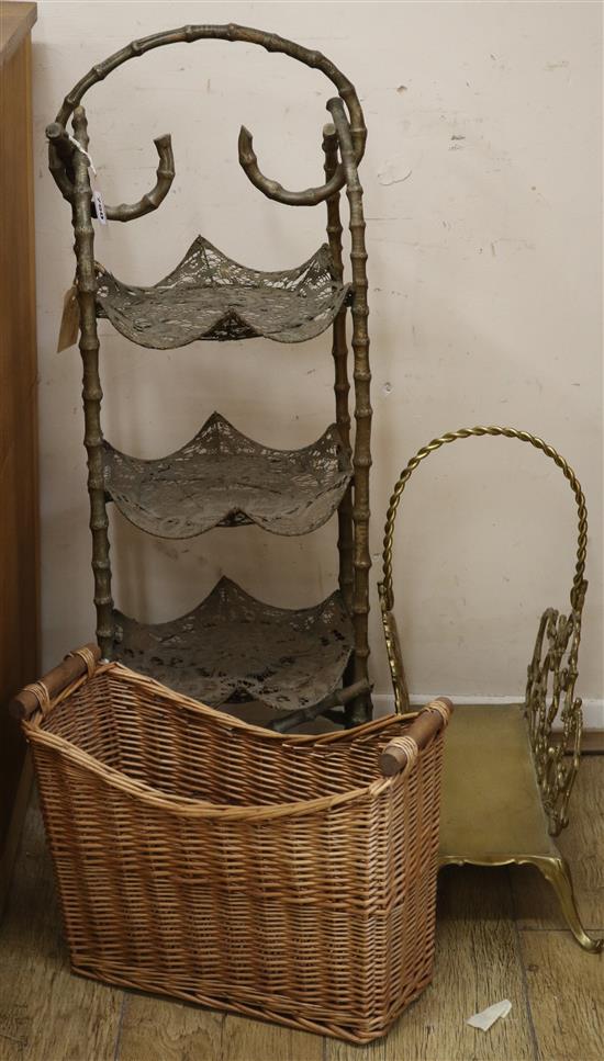 A bamboo three tier cake stand and two magazine racks